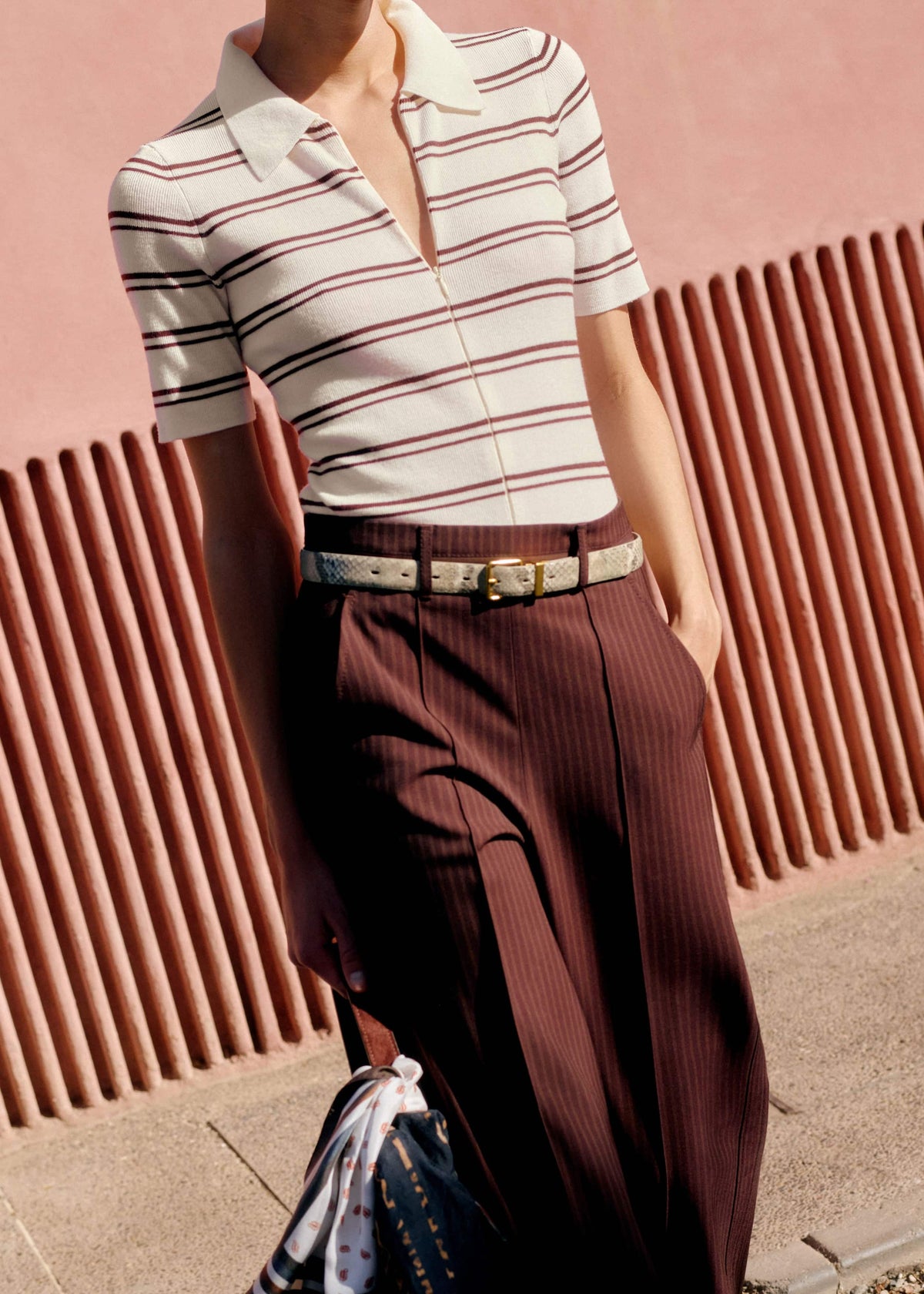 ME+EM Cream Two-Way Zip Stripe Slim Tee
