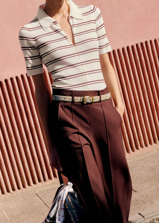ME+EM Cream Two-Way Zip Stripe Slim Tee
