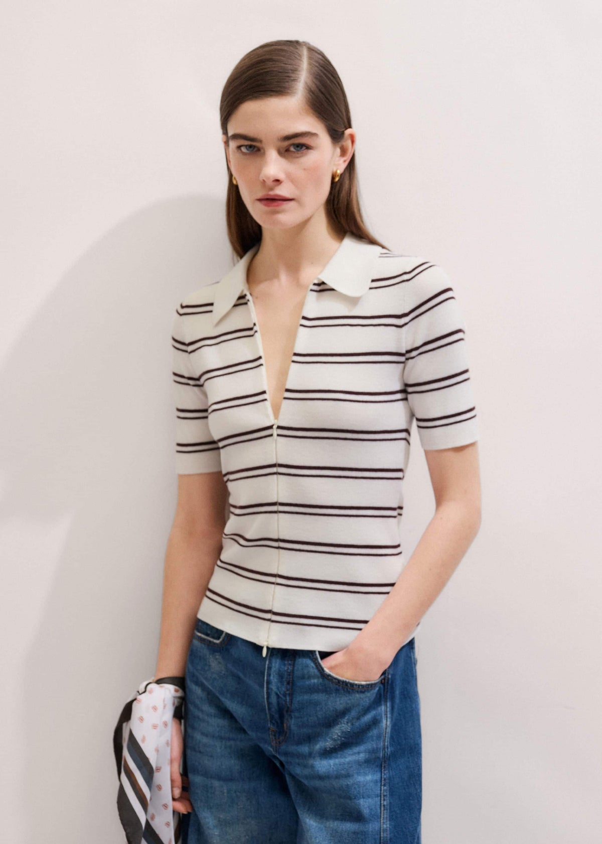 ME+EM Cream Two-Way Zip Stripe Slim Tee