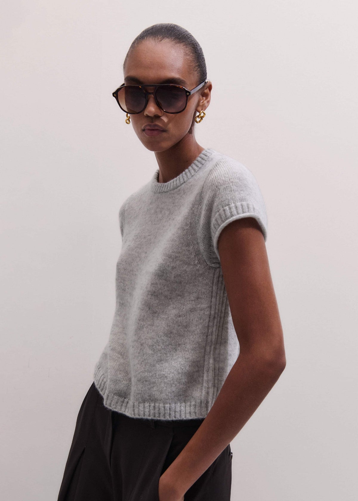 ME+EM Gray Merino Cashmere Silk Straight Baby Tee