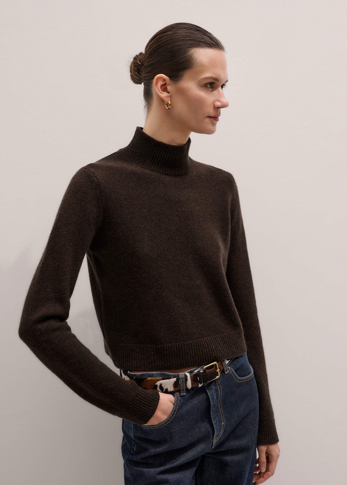 ME+EM Brown Cashmere High Neck Crop Jumper