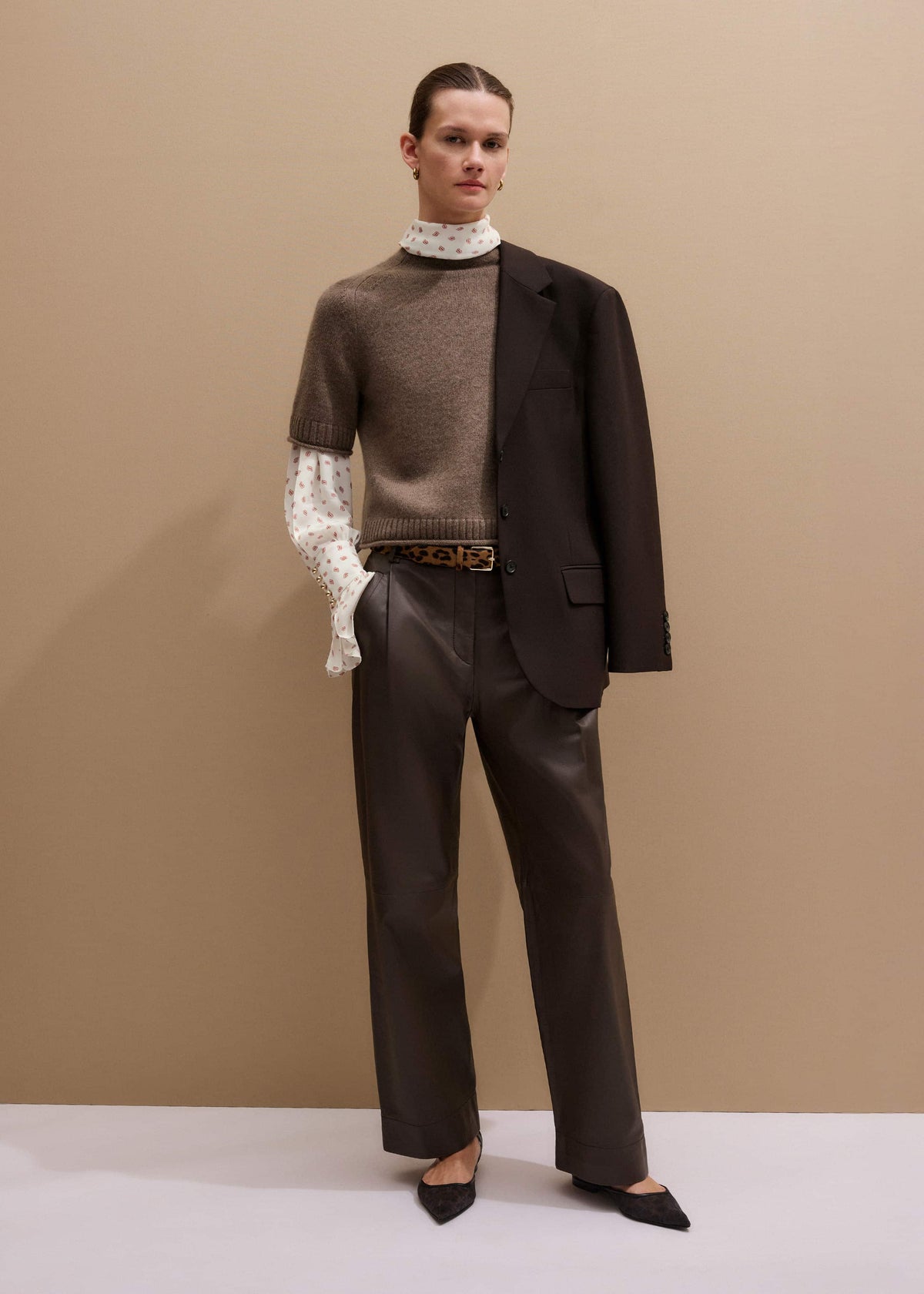 ME+EM Brown Cashmere Roll Trim Knit Tee
