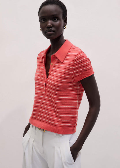 ME+EM Pink Textured Stripe Straight Sporty Smart Polo Tee