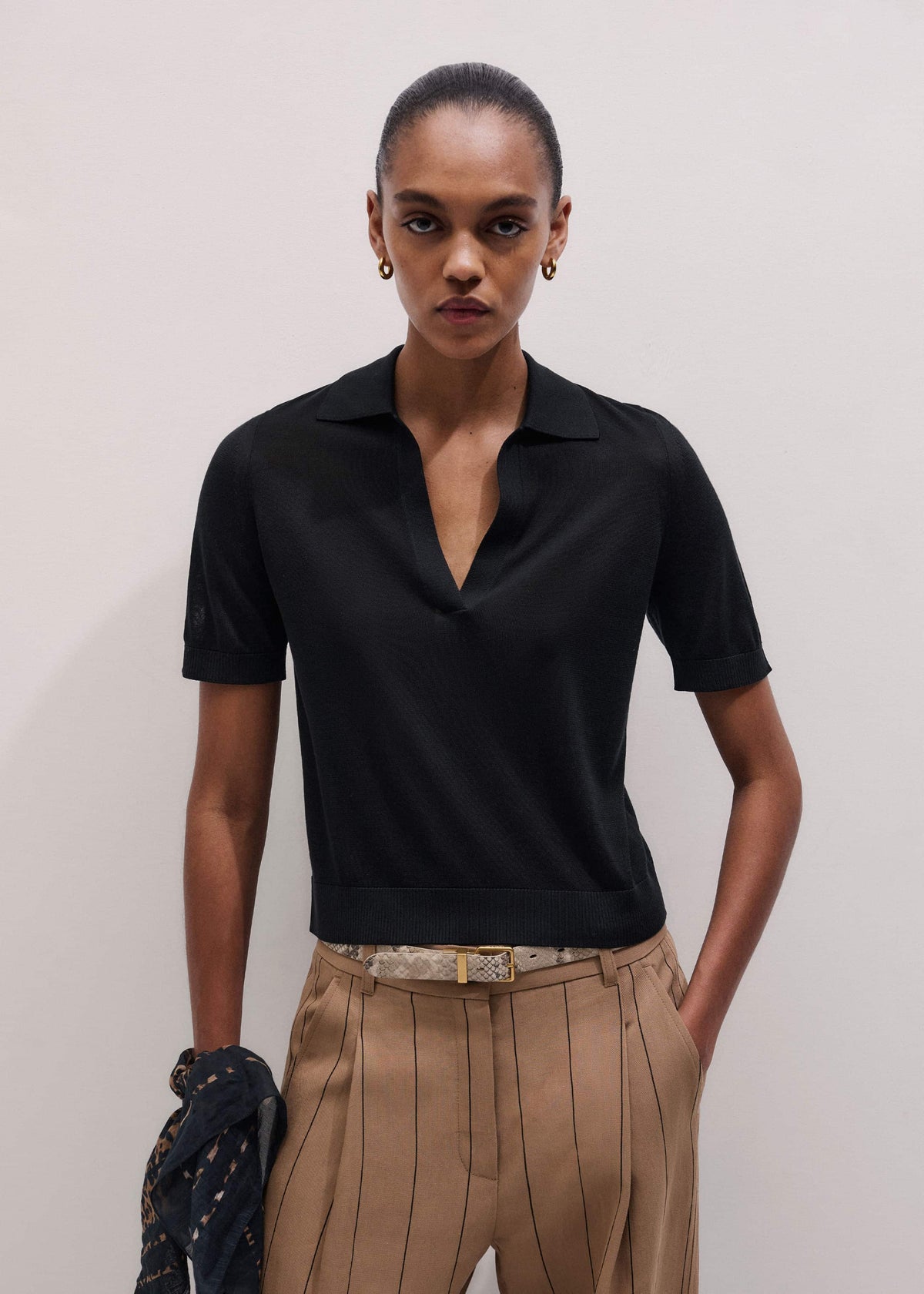 ME+EM Black Silk Slim Knit Polo Tee