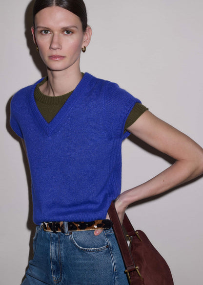 ME+EM Blue Merino Cashmere Silk V-Neck Baby Tee