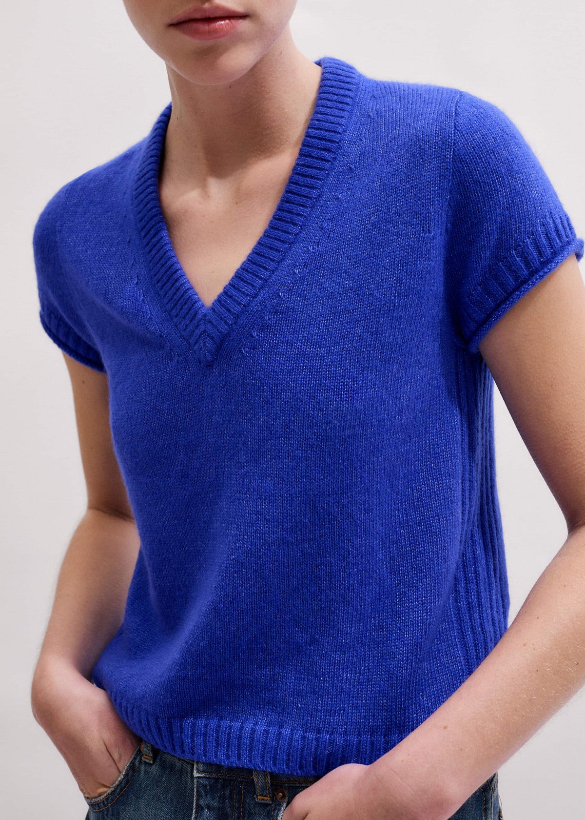 ME+EM Blue Merino Cashmere Silk V-Neck Baby Tee