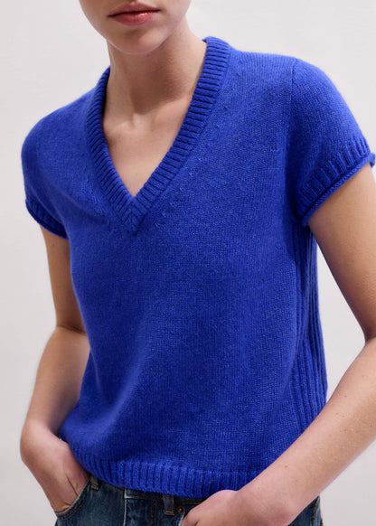 ME+EM Blue Merino Cashmere Silk V-Neck Baby Tee