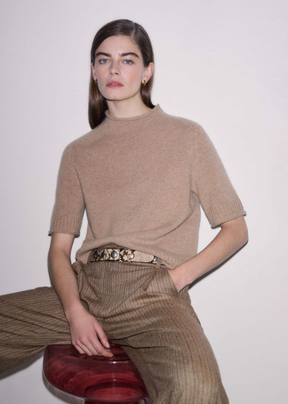 ME+EM Brown Cashmere Roll Trim Knit Tee
