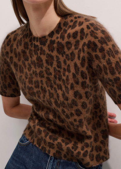 ME+EM Brown Merino Cashmere Leopard Print Straight Knit Tee