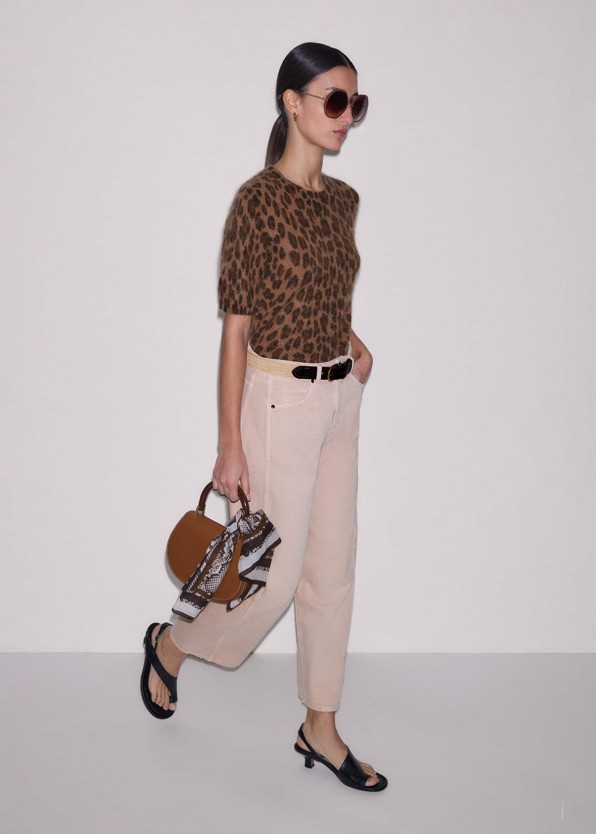 ME+EM Brown Merino Cashmere Leopard Print Straight Knit Tee