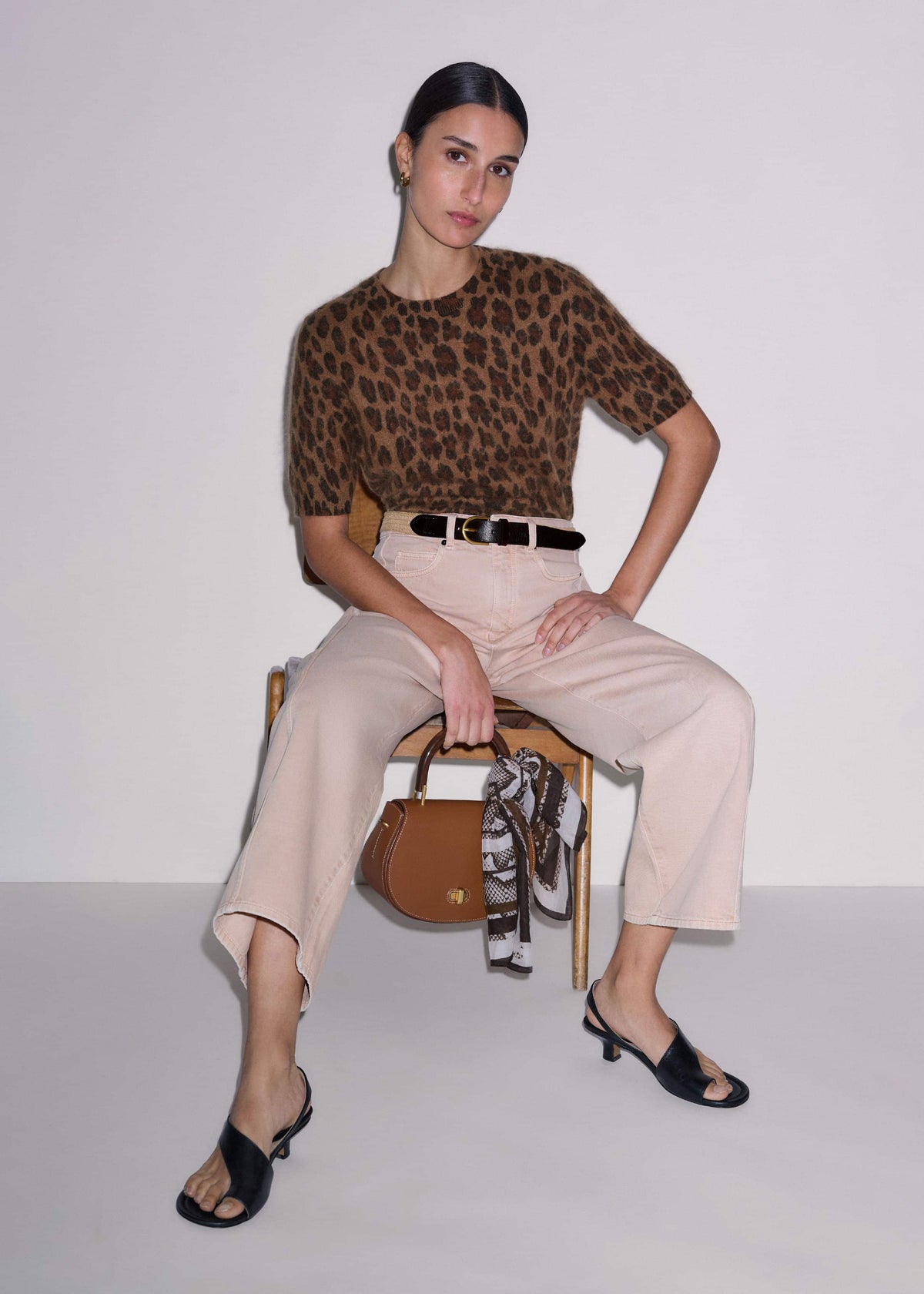 ME+EM Brown Merino Cashmere Leopard Print Straight Knit Tee
