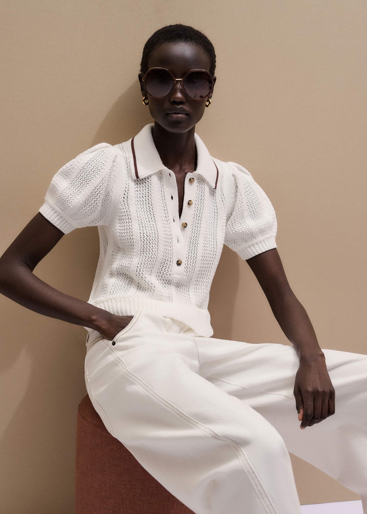 ME+EM Cream Pointelle Pouf Sleeve Sporty Smart Polo Top