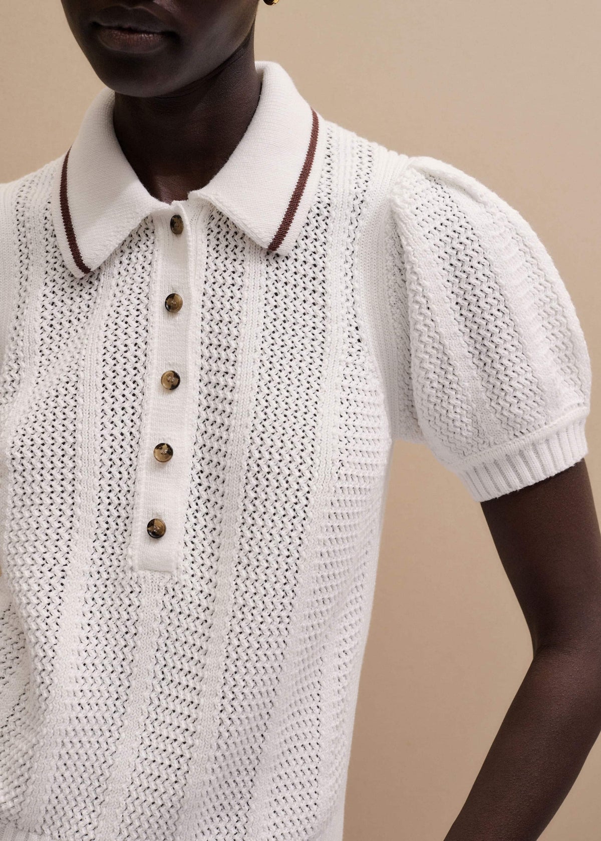 ME+EM Cream Pointelle Pouf Sleeve Sporty Smart Polo Top