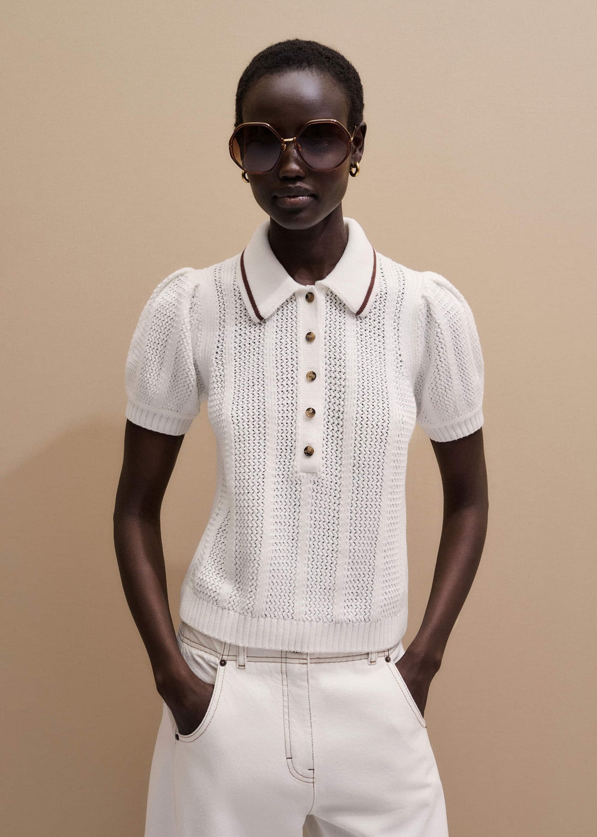 ME+EM Cream Pointelle Pouf Sleeve Sporty Smart Polo Top