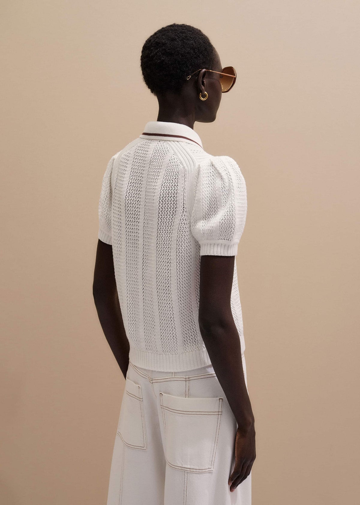 ME+EM Cream Pointelle Pouf Sleeve Sporty Smart Polo Top