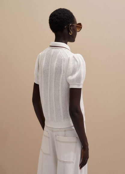 ME+EM Cream Pointelle Pouf Sleeve Sporty Smart Polo Top