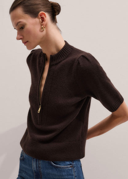 ME+EM Brown Cashmere Zip Neck Pouf Sleeve Knit Tee