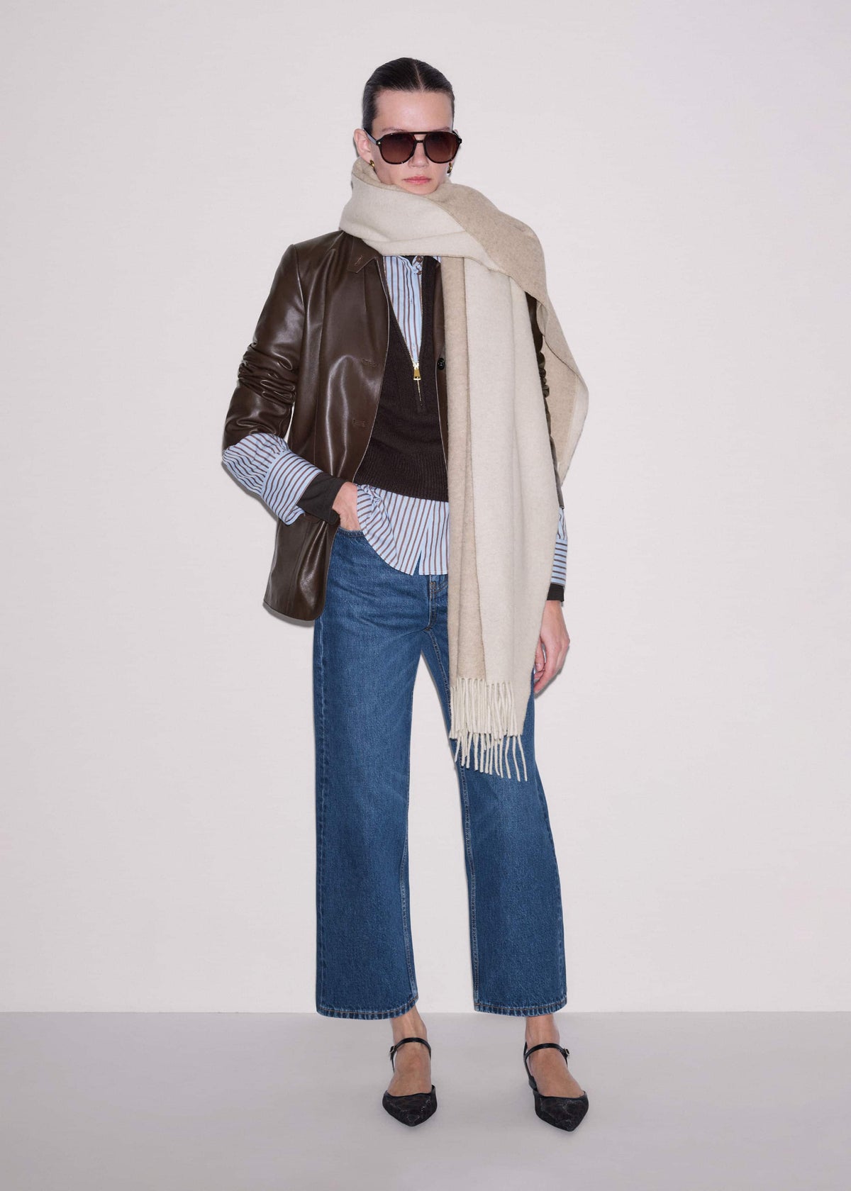 ME+EM Brown Cashmere Zip Neck Pouf Sleeve Knit Tee