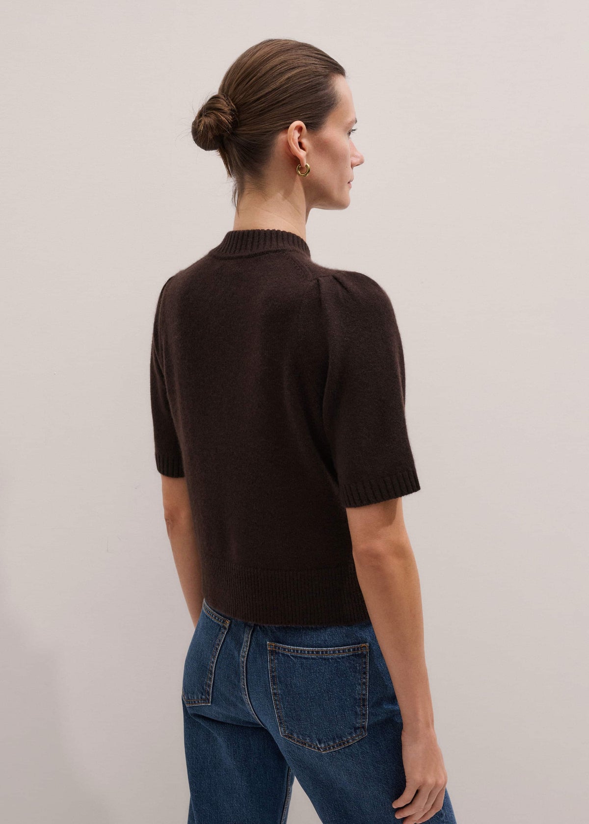 ME+EM Brown Cashmere Zip Neck Pouf Sleeve Knit Tee