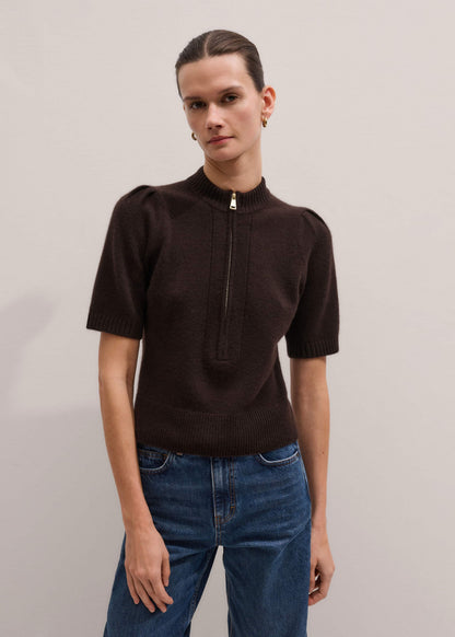 ME+EM Brown Cashmere Zip Neck Pouf Sleeve Knit Tee