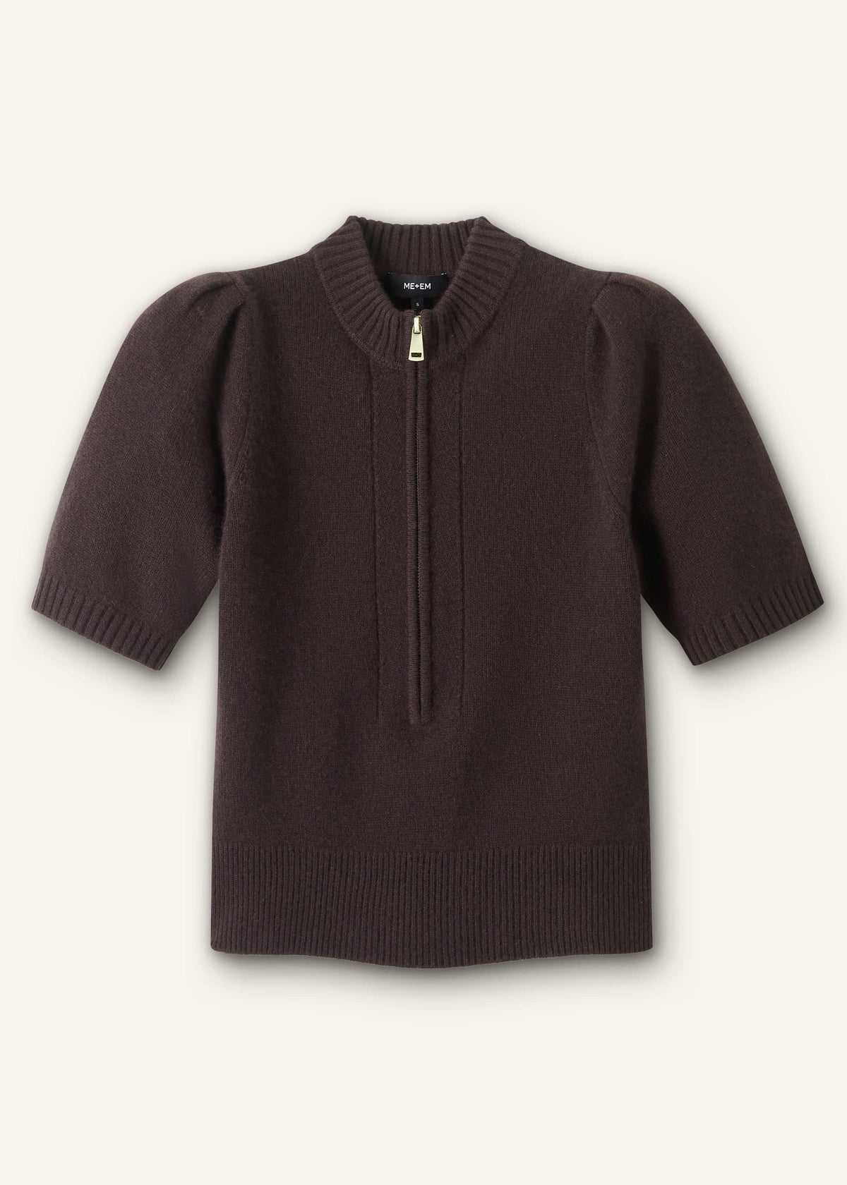 ME+EM Brown Cashmere Zip Neck Pouf Sleeve Knit Tee