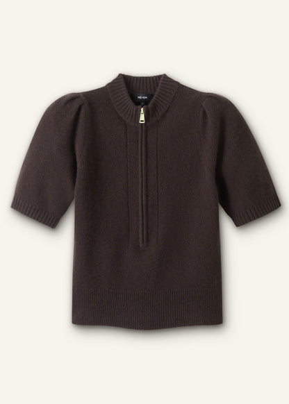 ME+EM Brown Cashmere Zip Neck Pouf Sleeve Knit Tee