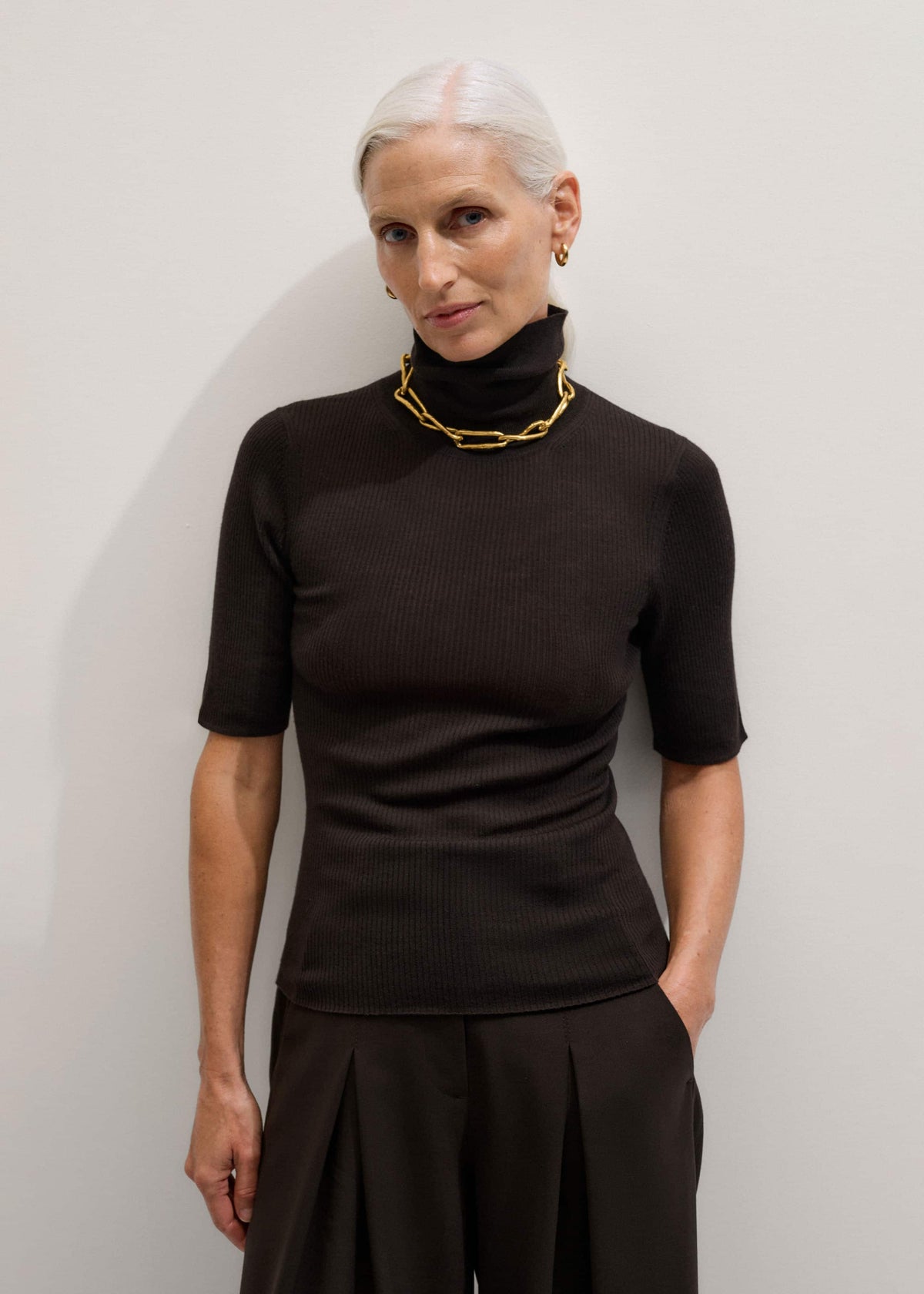 ME+EM Brown Superfine Ribbed Roll Neck Tee