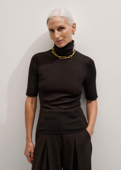 ME+EM Brown Superfine Ribbed Roll Neck Tee