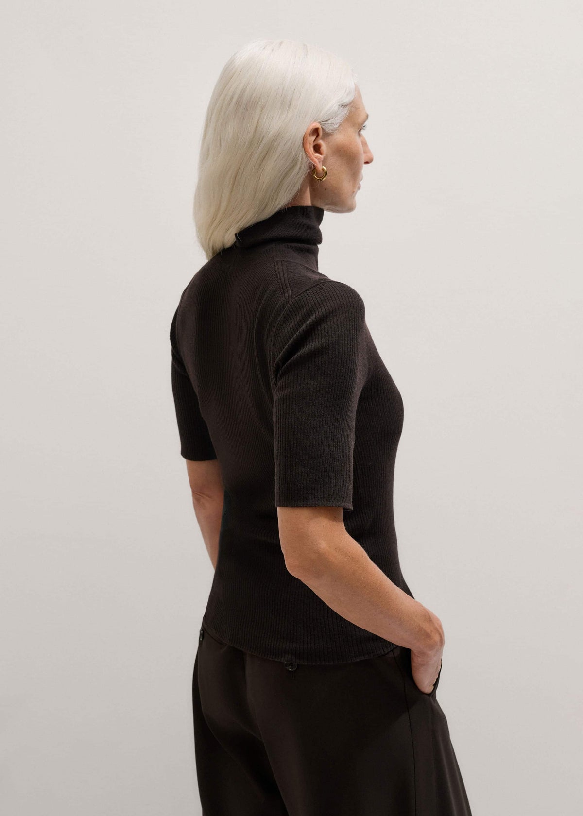 ME+EM Brown Superfine Ribbed Roll Neck Tee