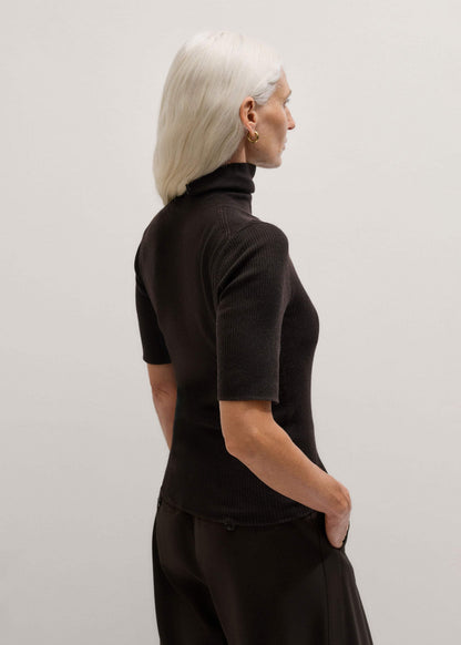 ME+EM Brown Superfine Ribbed Roll Neck Tee