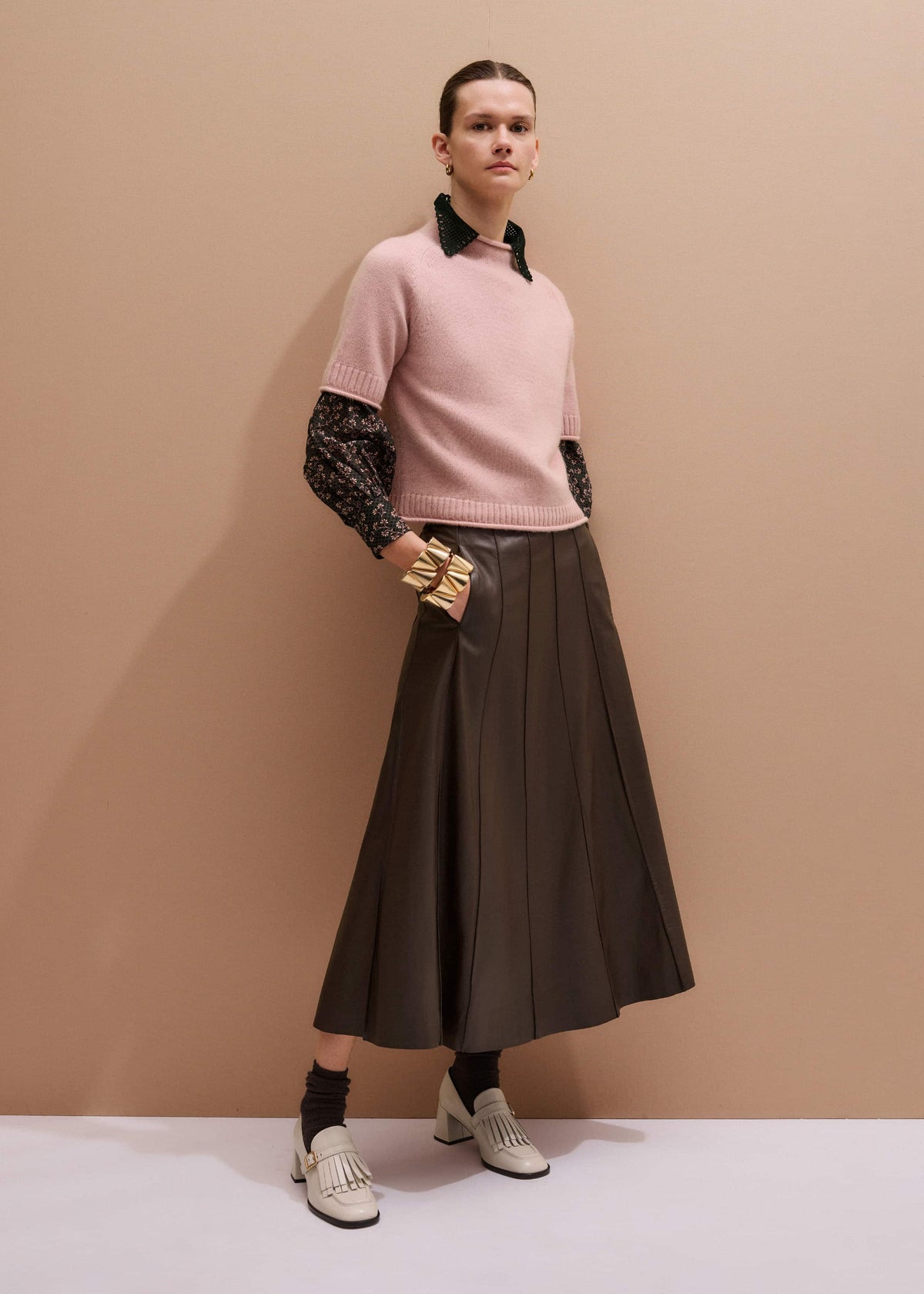ME+EM Pink Cashmere Roll Trim Knit Tee