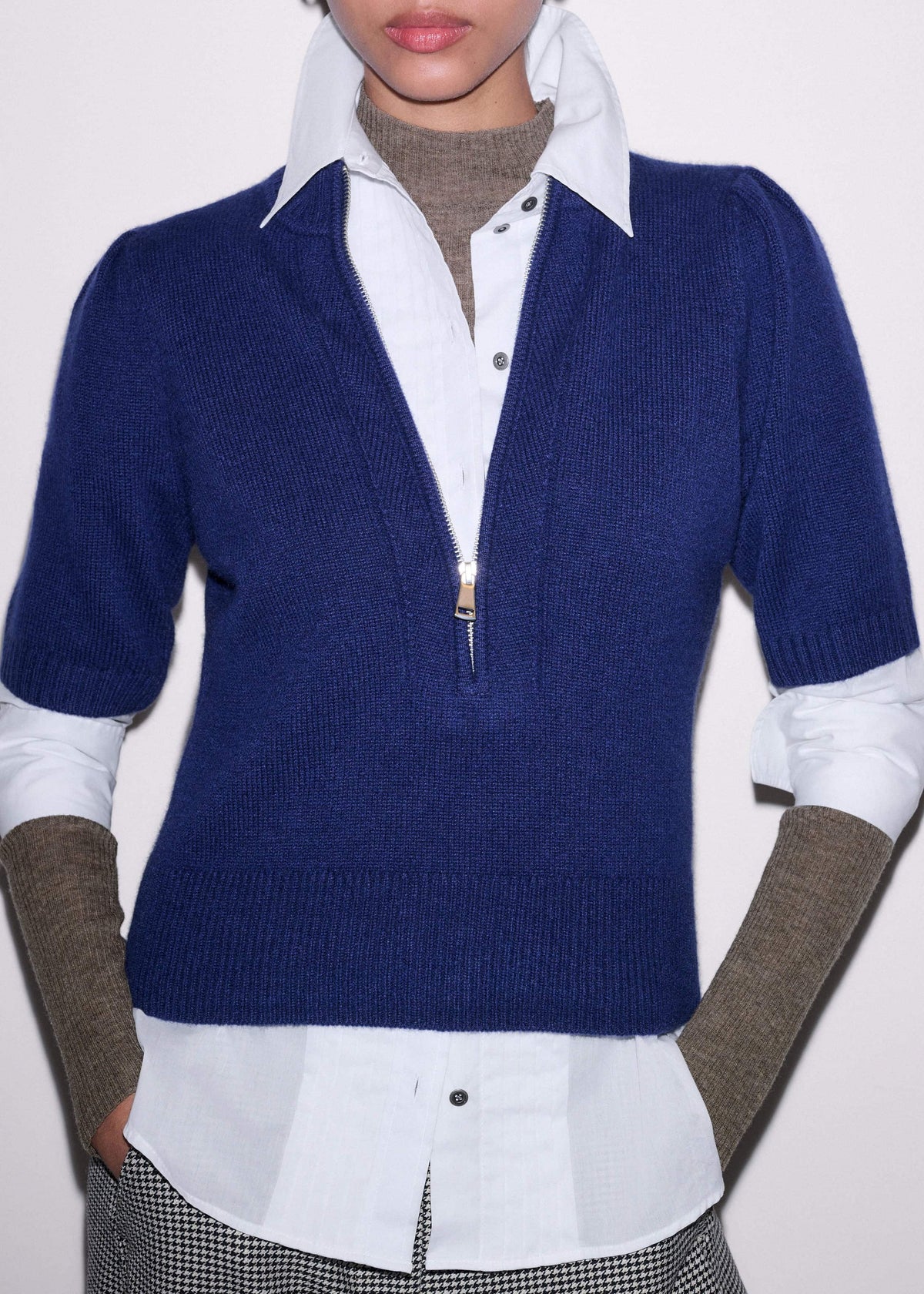 ME+EM Blue Cashmere Zip Neck Pouf Sleeve Knit Tee