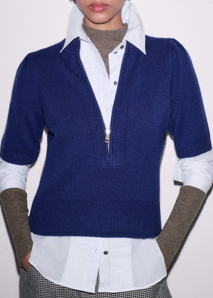 ME+EM Blue Cashmere Zip Neck Pouf Sleeve Knit Tee