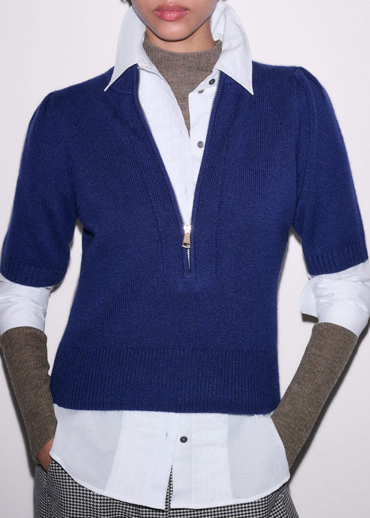 ME+EM Blue Cashmere Zip Neck Pouf Sleeve Knit Tee