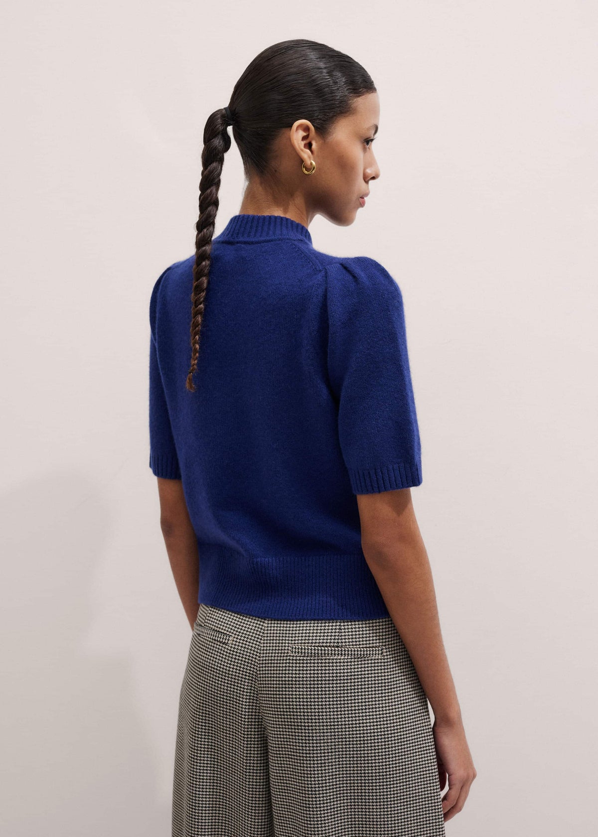 ME+EM Blue Cashmere Zip Neck Pouf Sleeve Knit Tee