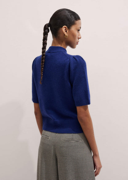 ME+EM Blue Cashmere Zip Neck Pouf Sleeve Knit Tee