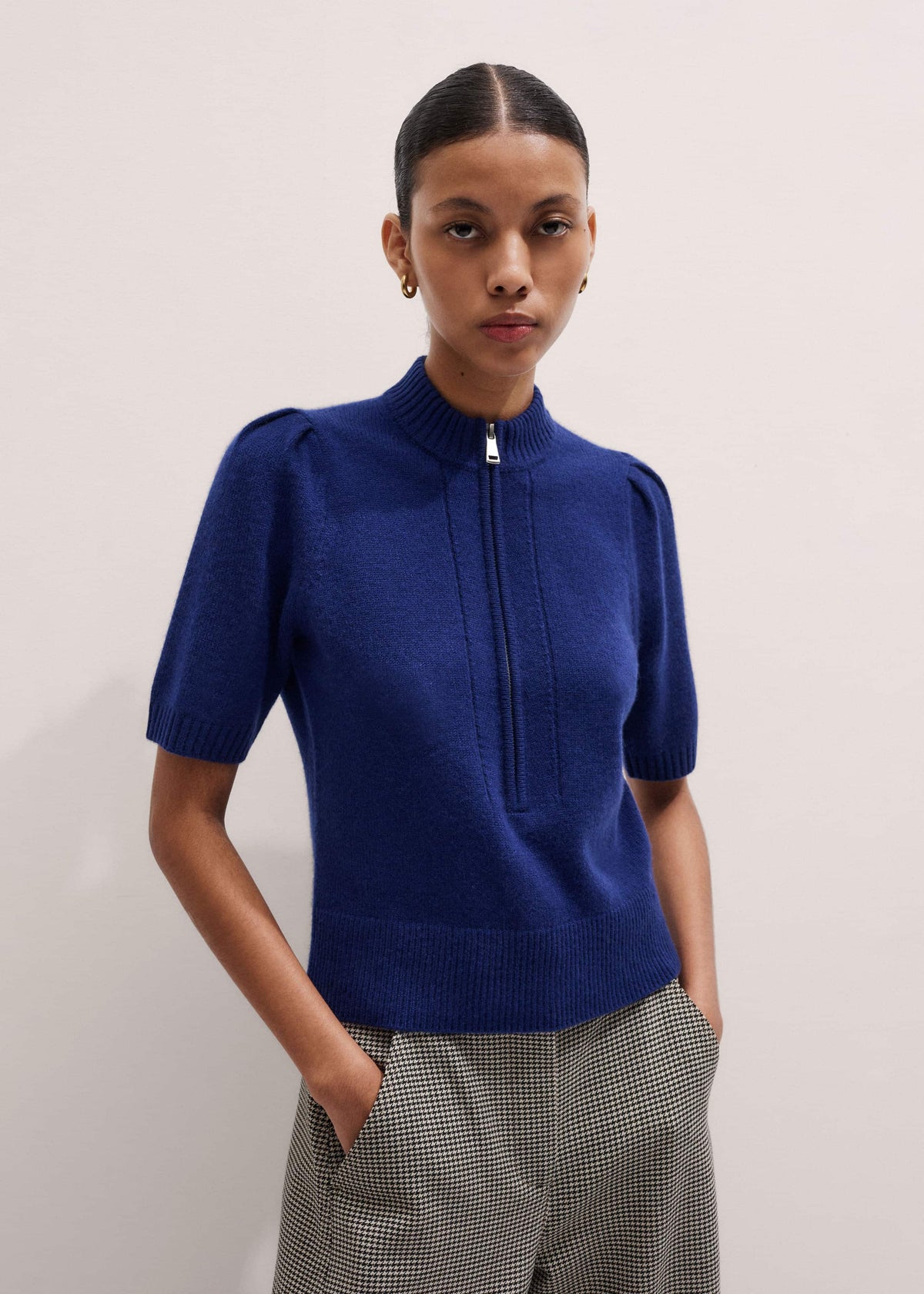 ME+EM Blue Cashmere Zip Neck Pouf Sleeve Knit Tee