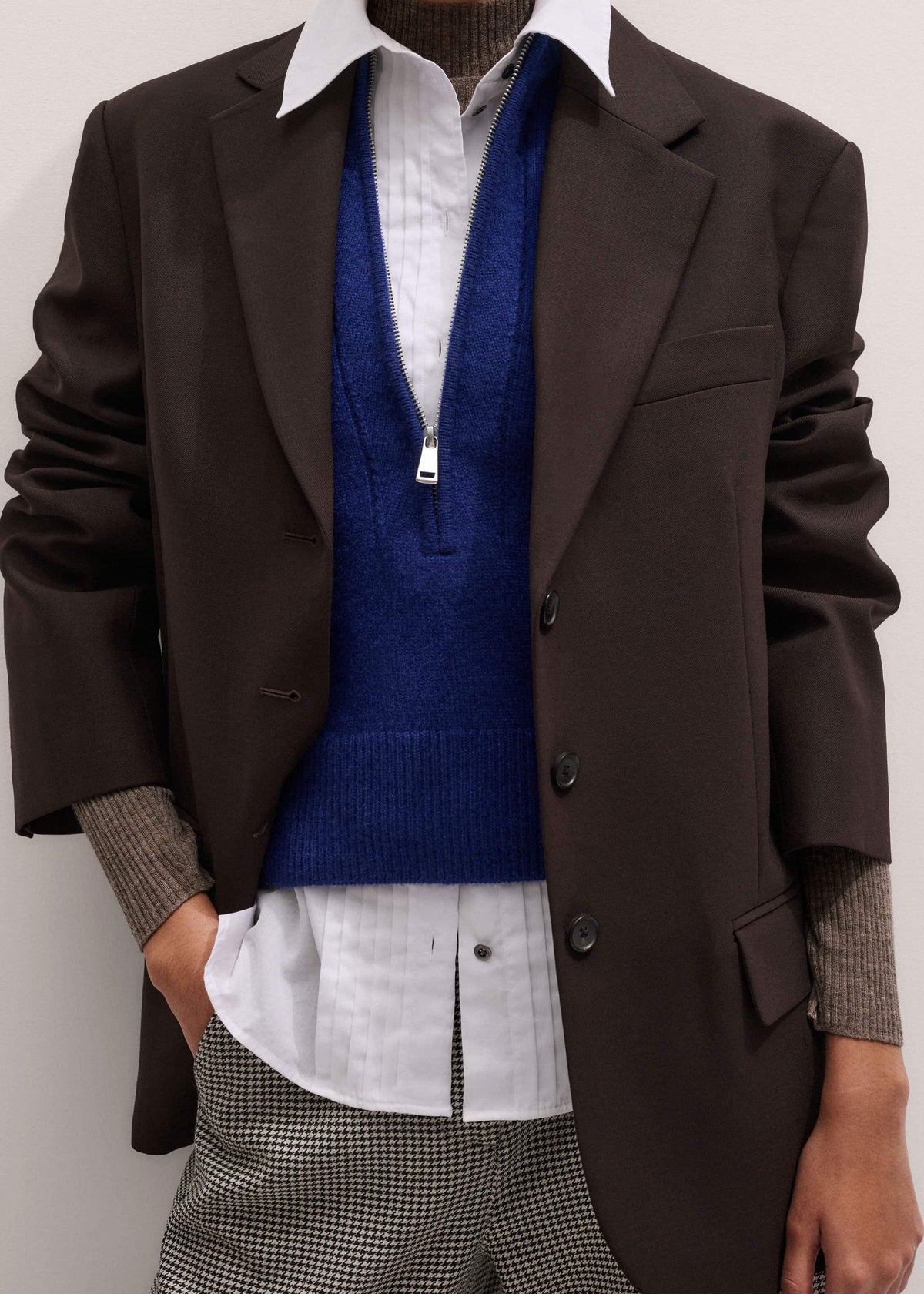 ME+EM Blue Cashmere Zip Neck Pouf Sleeve Knit Tee
