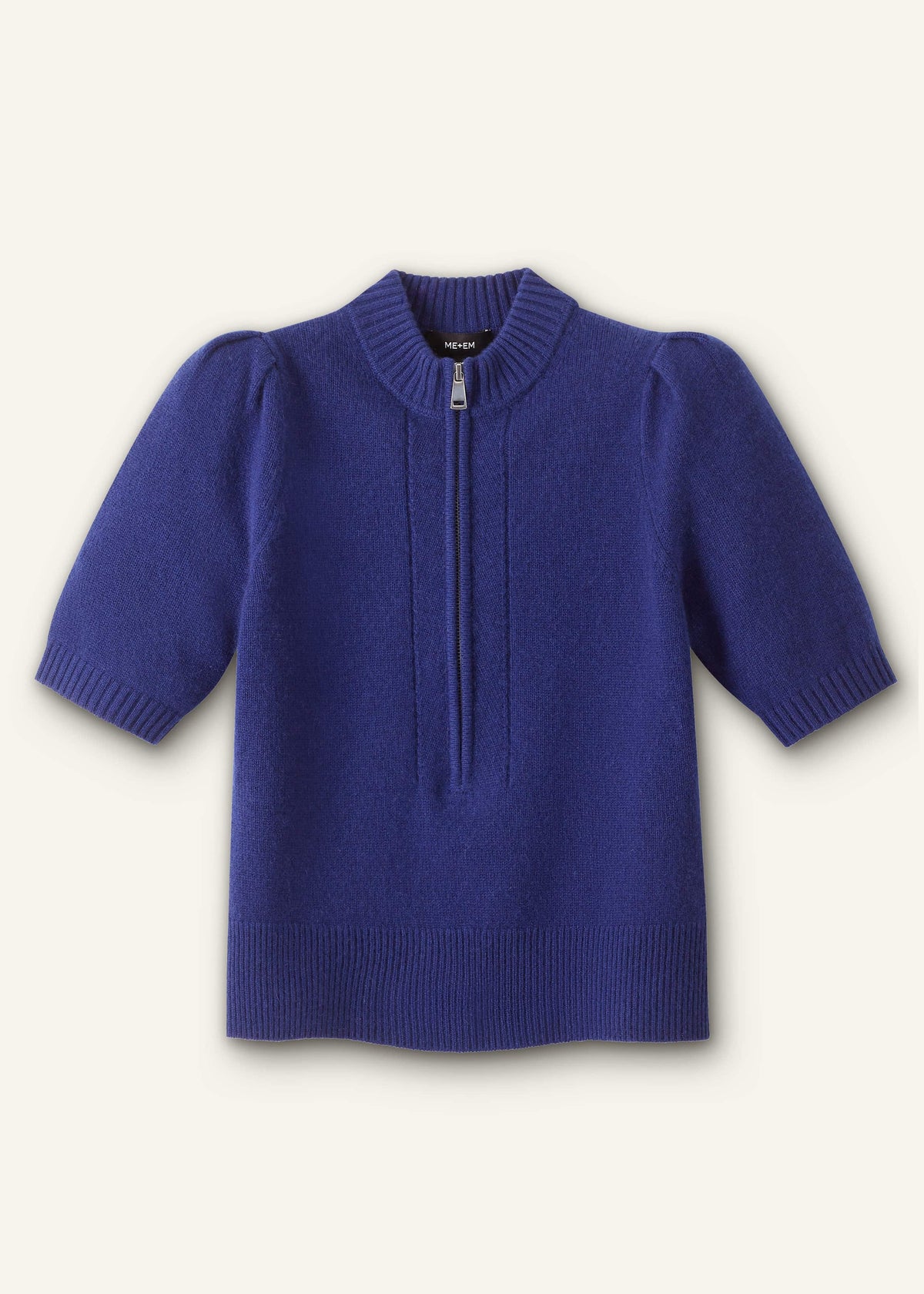 ME+EM Blue Cashmere Zip Neck Pouf Sleeve Knit Tee