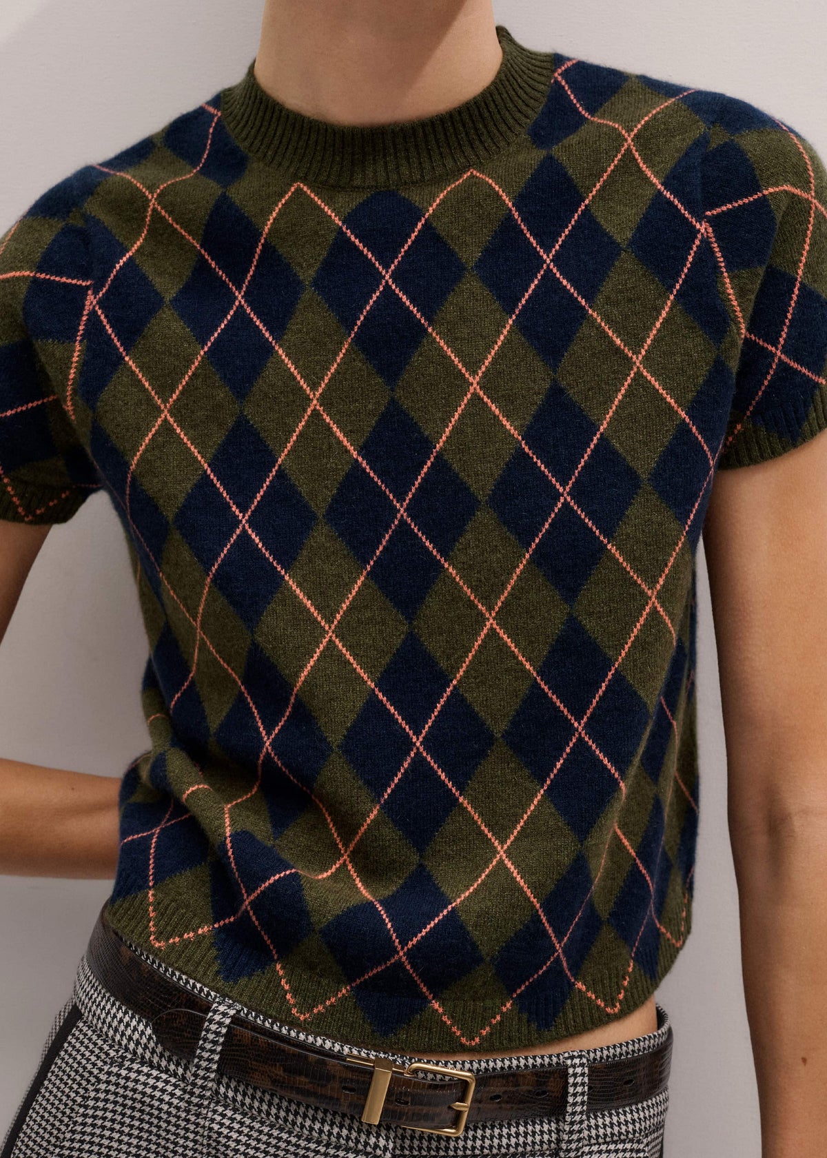 ME+EM Olive Green Cashmere Argyle Knit Baby Tee