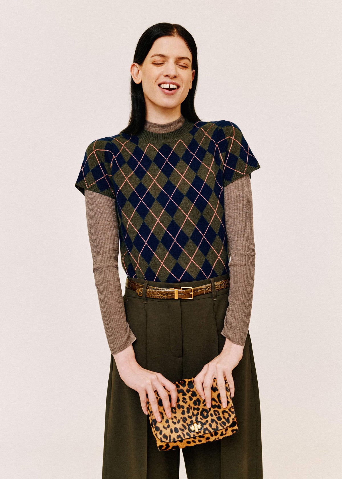 ME+EM Olive Green Cashmere Argyle Knit Baby Tee