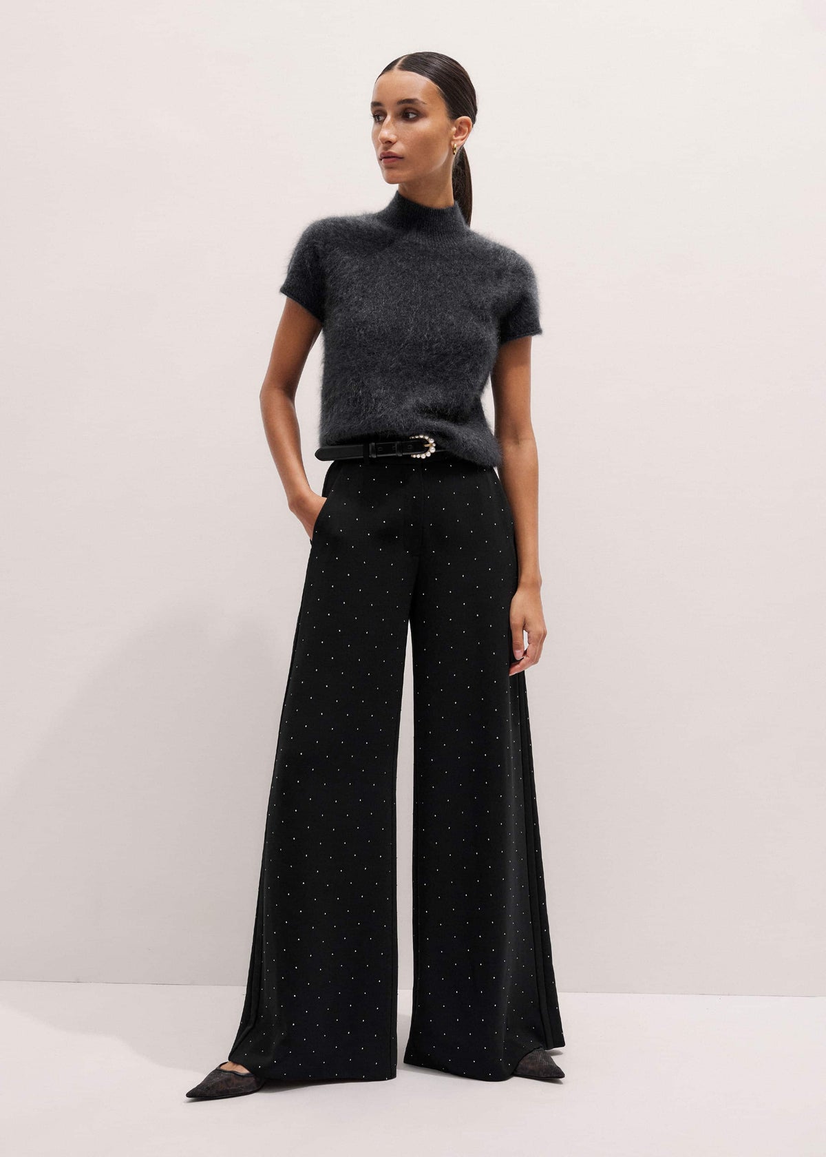 ME+EM Gray Brushed Cashmere High Neck Baby Tee