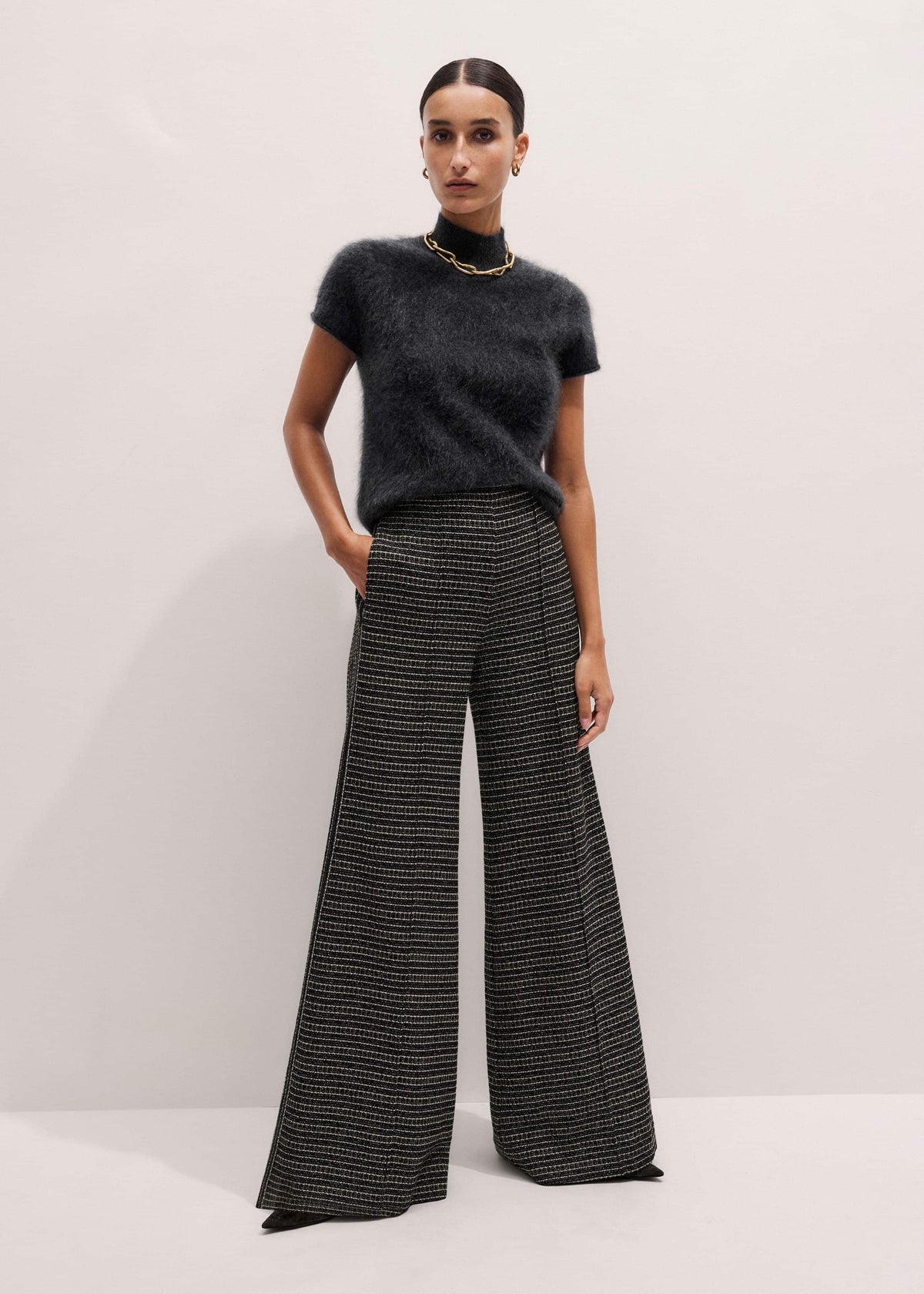 ME+EM Gray Brushed Cashmere High Neck Baby Tee
