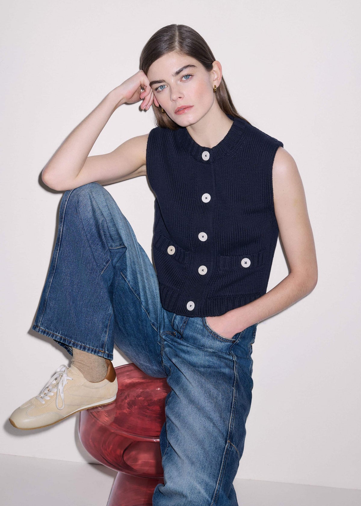 ME+EM Navy Straight Crop Vest