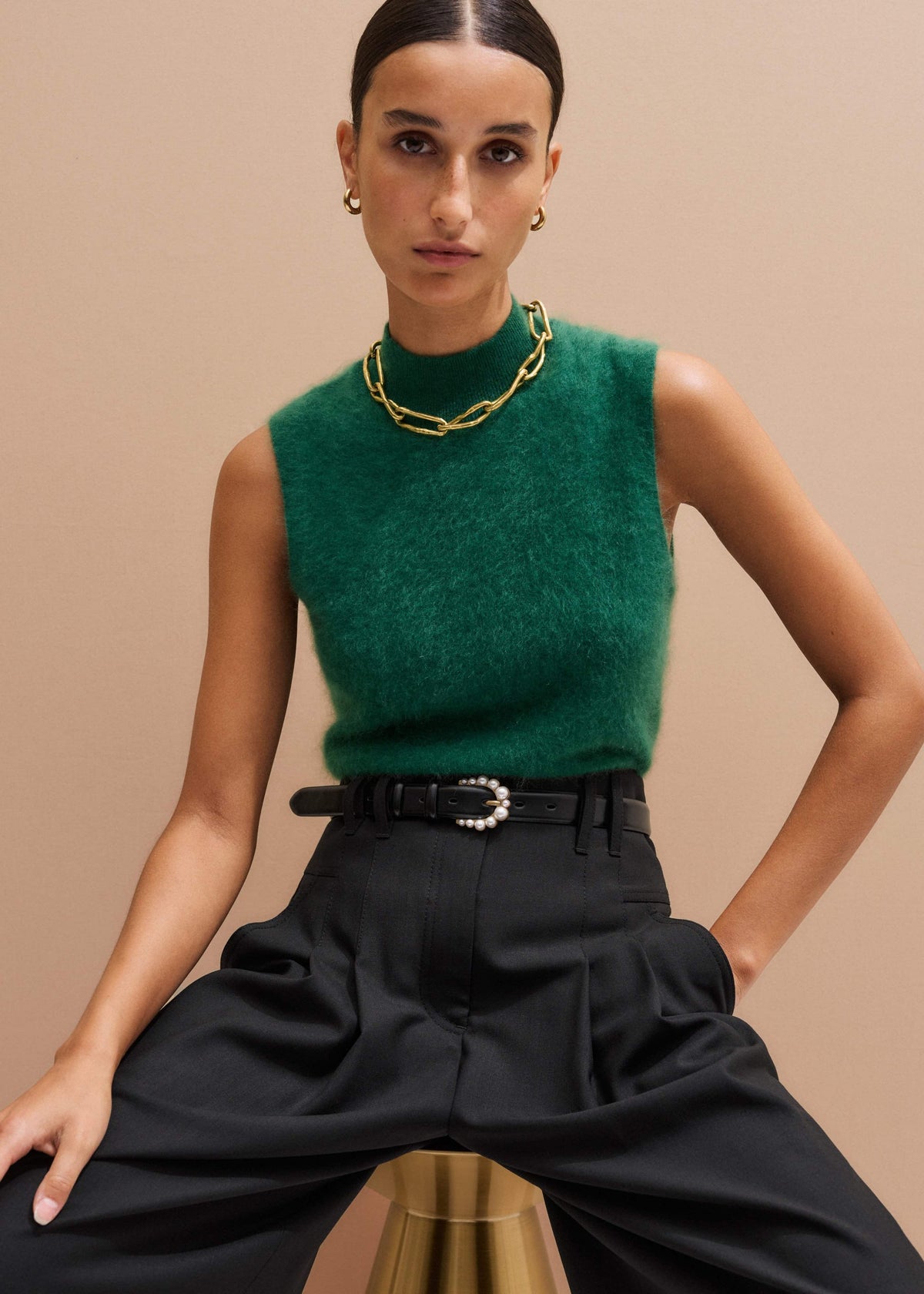 ME+EM Green Brushed Cashmere High Neck Slim Sweater Vest
