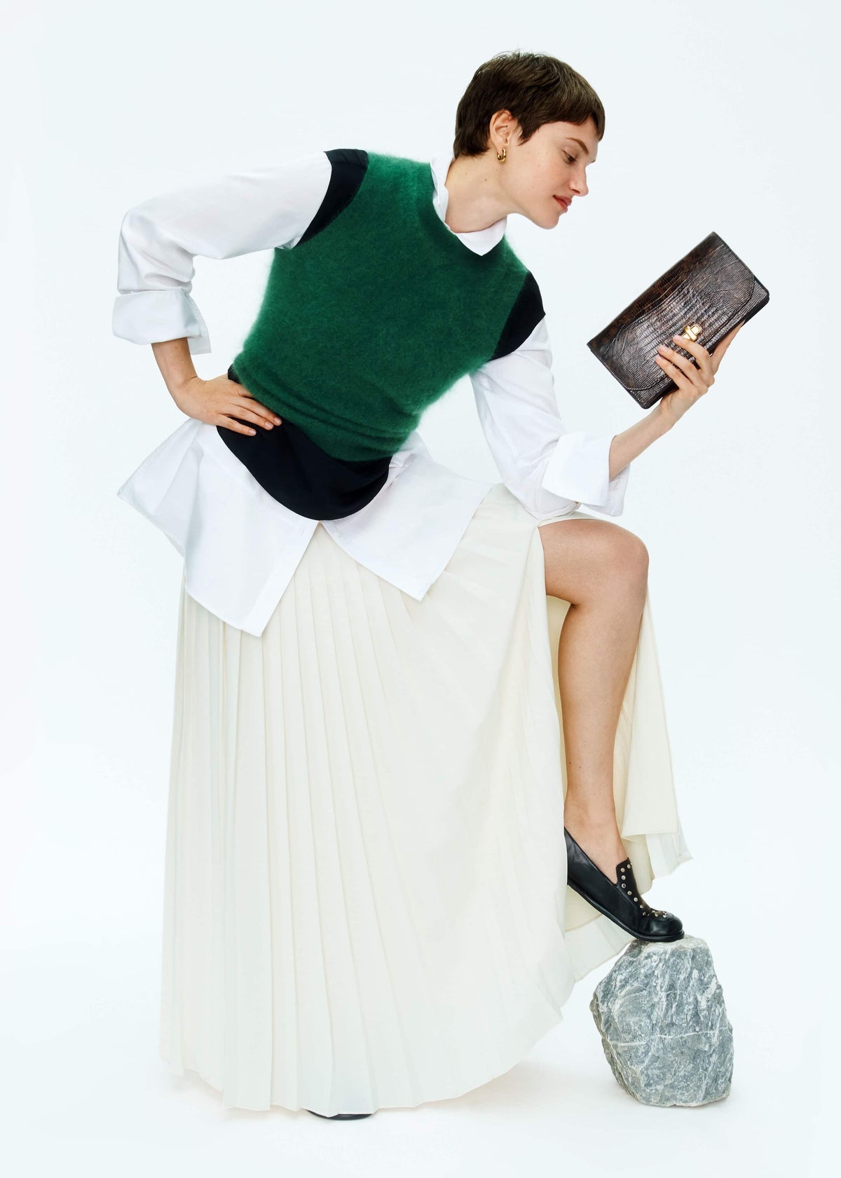 ME+EM Green Brushed Cashmere High Neck Slim Sweater Vest