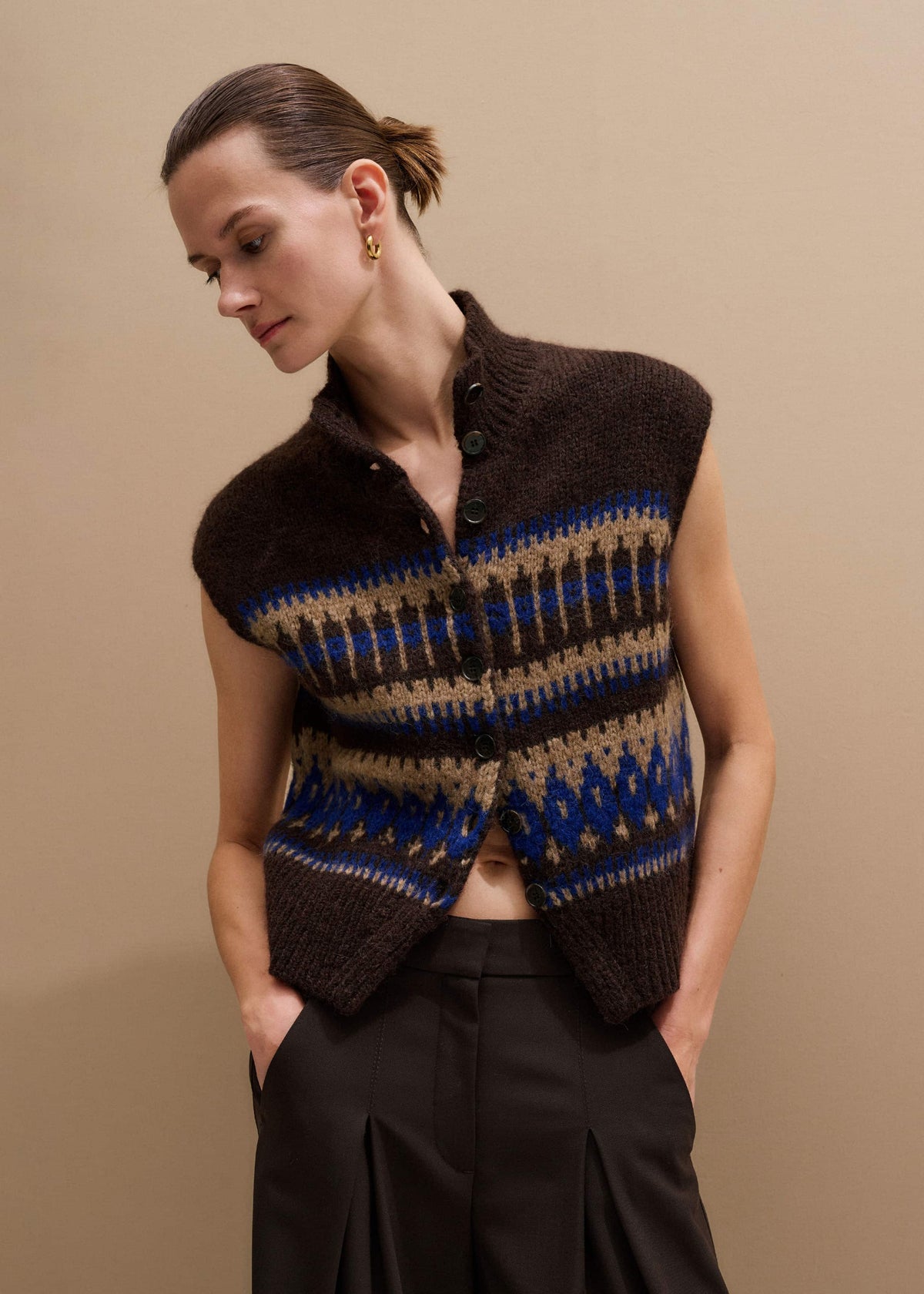 ME+EM Brown Button-Through Relaxed Jacquard Vest