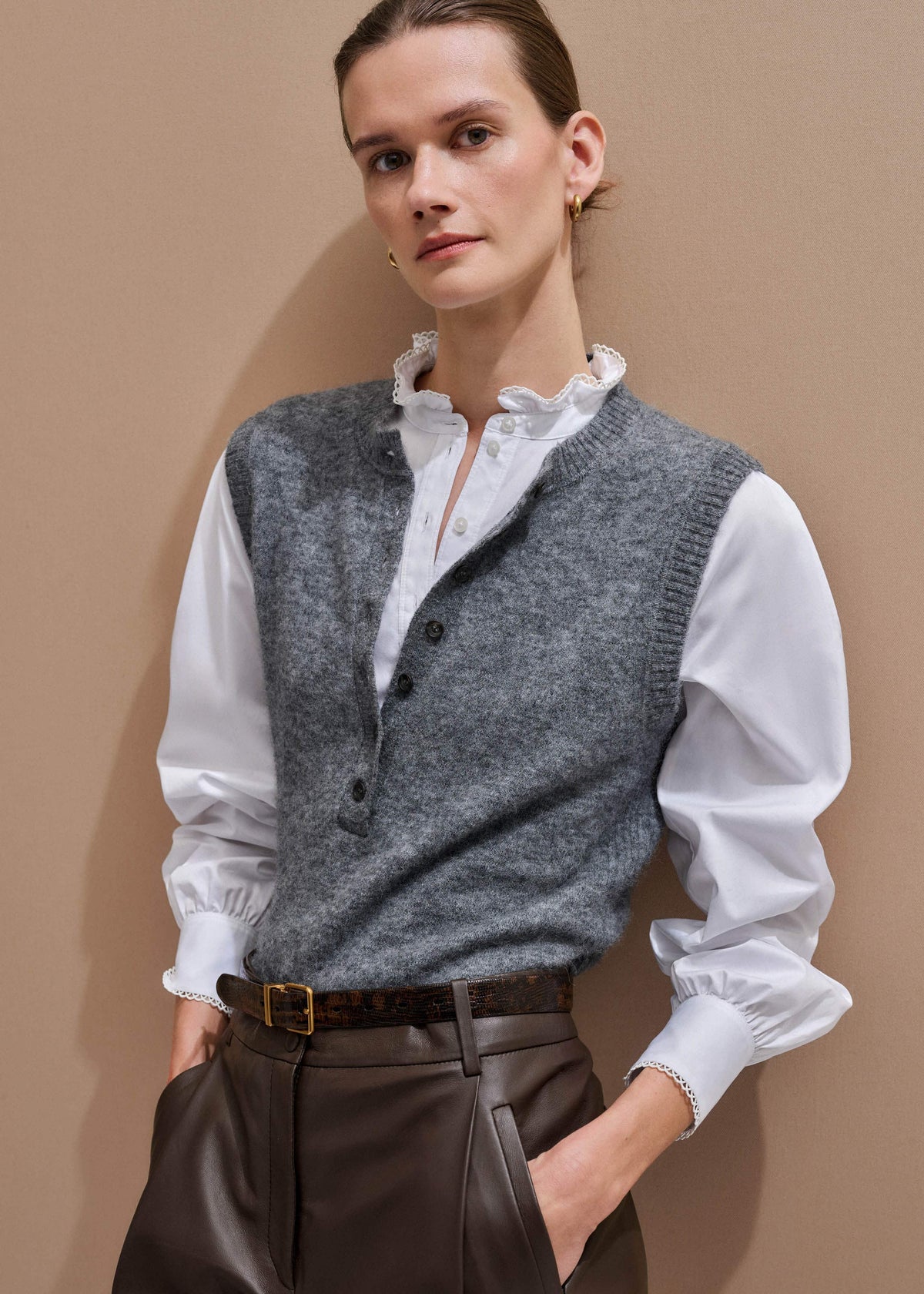 ME+EM Grey Henley Straight Knit Vest