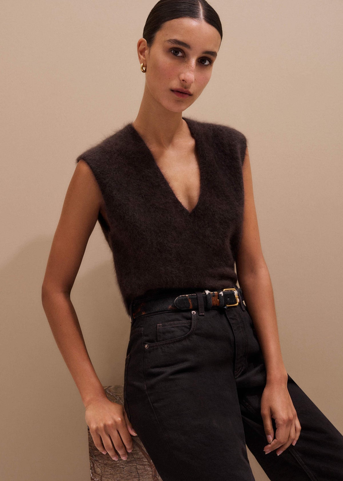 ME+EM Brown Brushed Cashmere V-Neck Sweater Vest