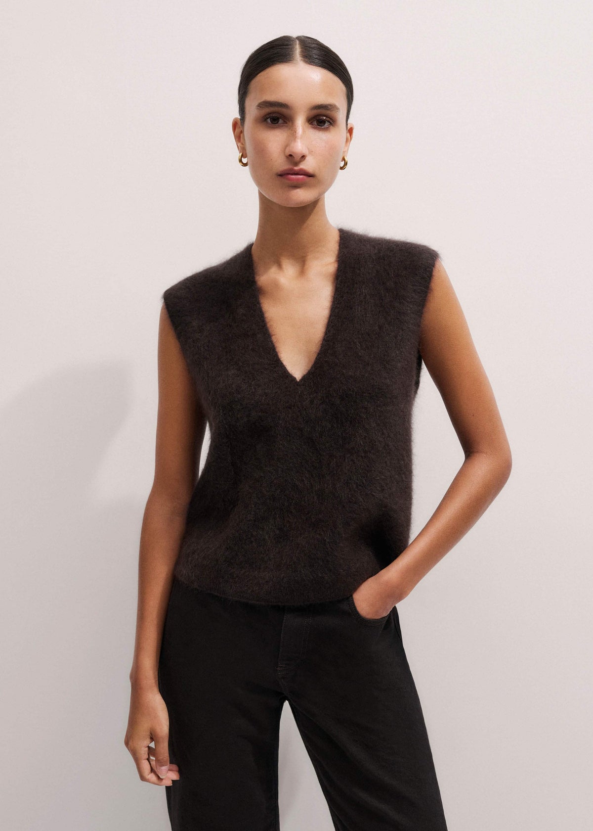 ME+EM Brown Brushed Cashmere V-Neck Sweater Vest